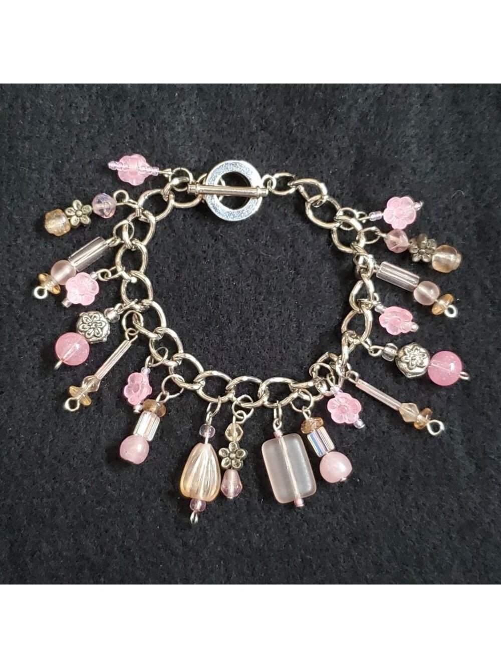Charm Bracelet Silver Tone Pink Dangle Beads 6.5"